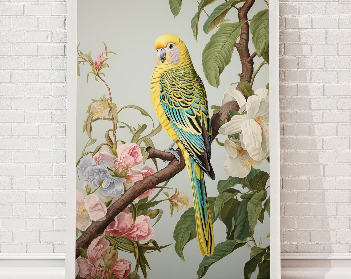 Chinoiserie Budgie Parakeet Floral Branch Vintage Style Poster