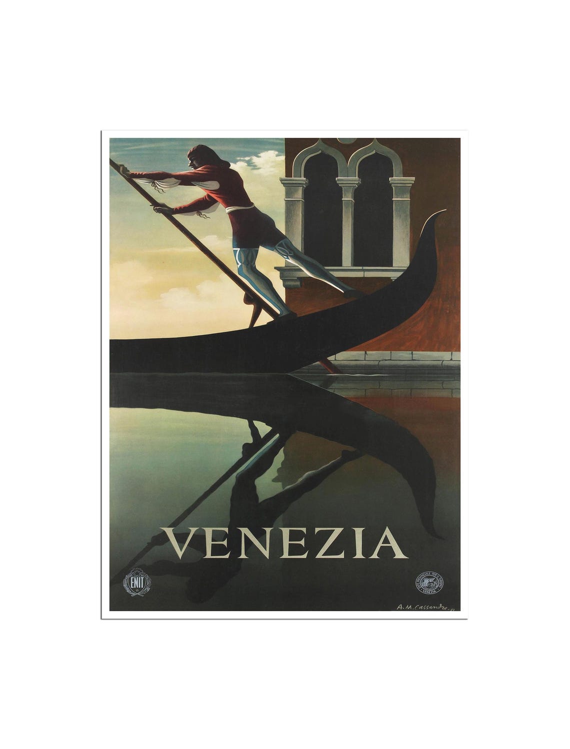 Venezia ENIT Vintage Gondolier Gondola Reflection Italy Travel Poster