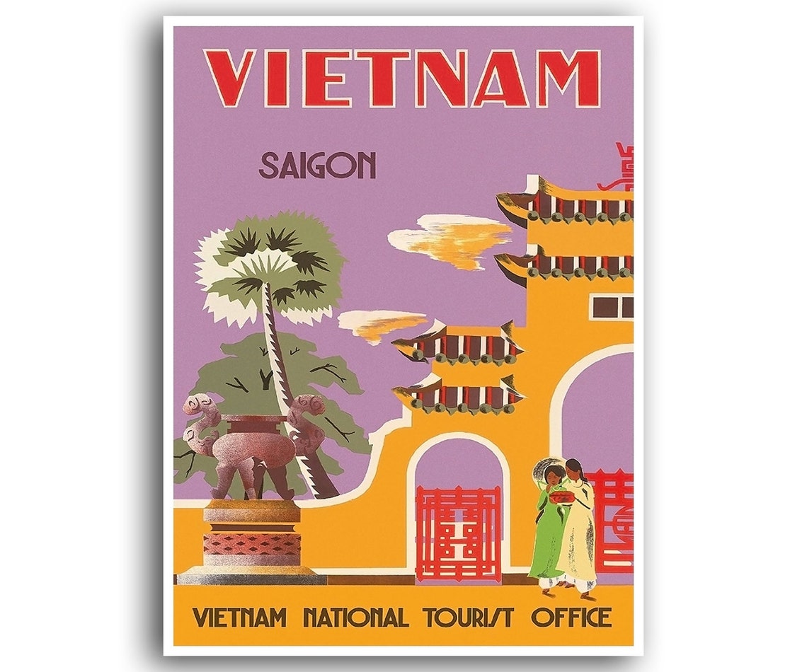 Vietnam Saigon Temple Gate Ao Dai Vintage Tourist Office Poster