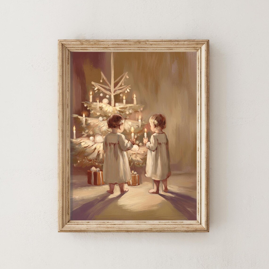 Vintage Children With Candles by Cream Christmas Tree Gifts Poster