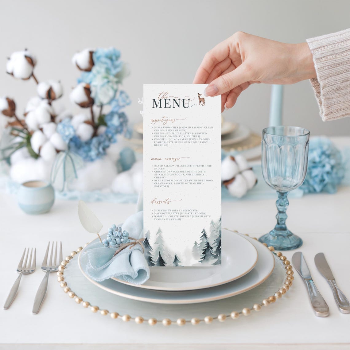 Elegant Winter Baby Shower Menu Card Deer Pine Template Print - Image 4