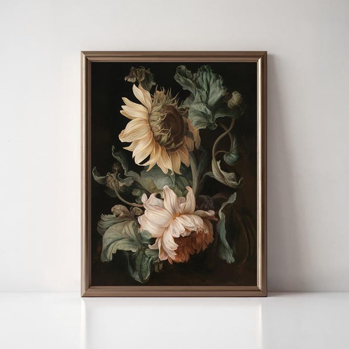 Cream Sunflower White Dahlia Dark Botanical Vintage Flower Poster