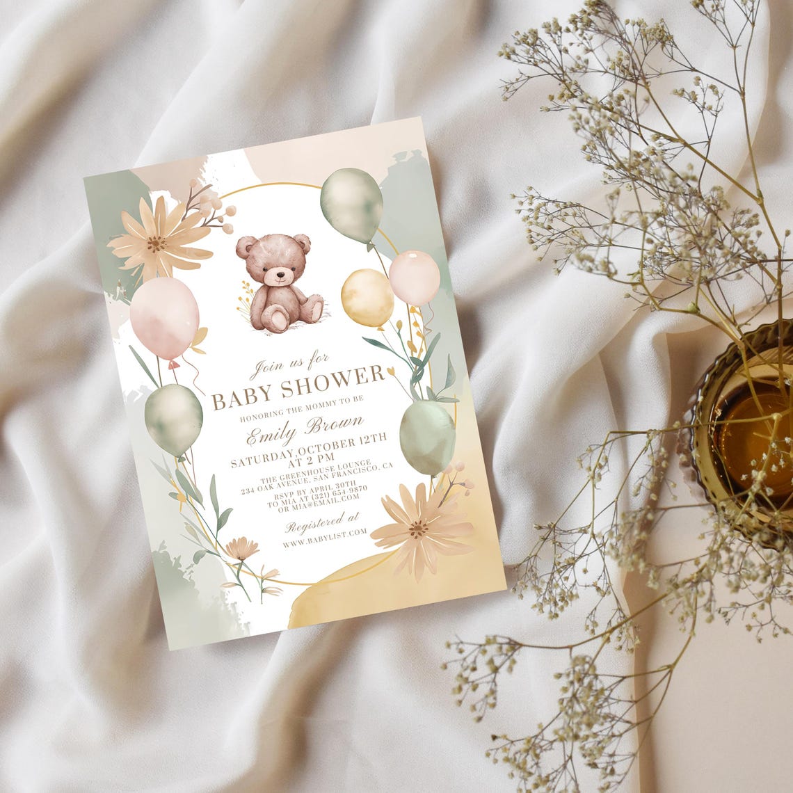 Sweet Teddy Bear Baby Shower Invitation Balloons Floral Print Set - Image 3