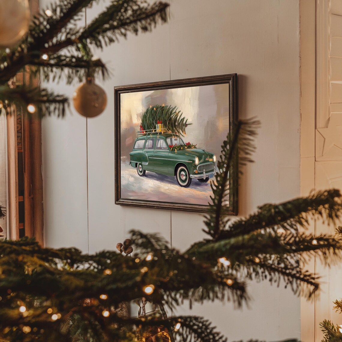 Vintage Green Station Wagon Christmas Tree Roof Painting Poster - Image 3