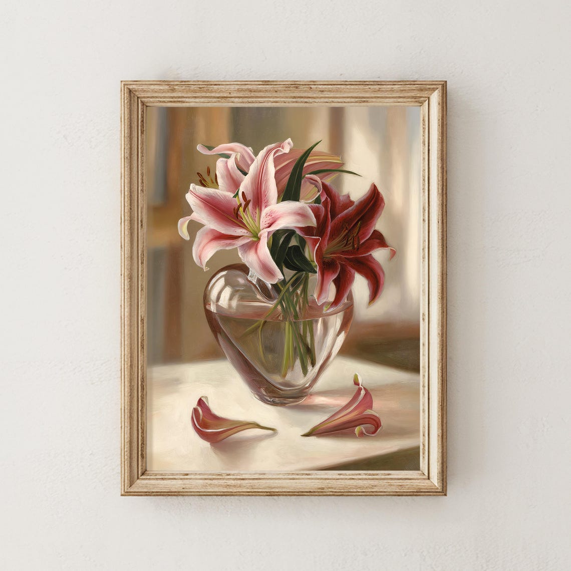 Pink Lilies in Heart Shaped Glass Vase Romantic Oil Painting Poster
