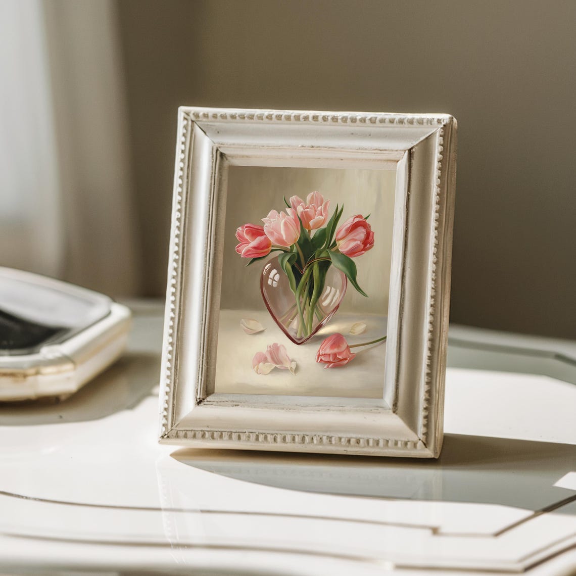Pink Tulips in Heart Shaped Glass Vase Soft Oil Painting Poster - Image 3