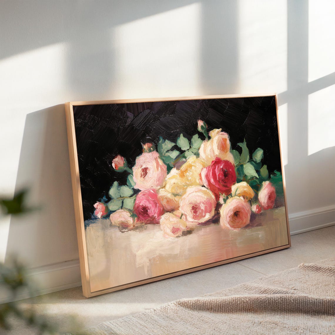 Pink Roses Bouquet Oil Painting Still Life Dark Moody Floral Poster - Image 2
