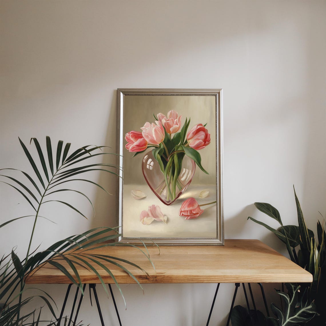 Pink Tulips in Heart Shaped Glass Vase Soft Oil Painting Poster - Image 4