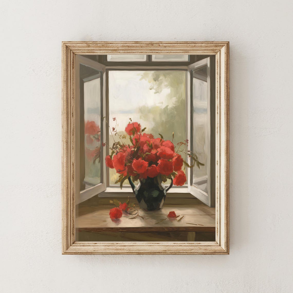 Open Window Red Flowers Vase Impressionist Sunny Still Life Poster