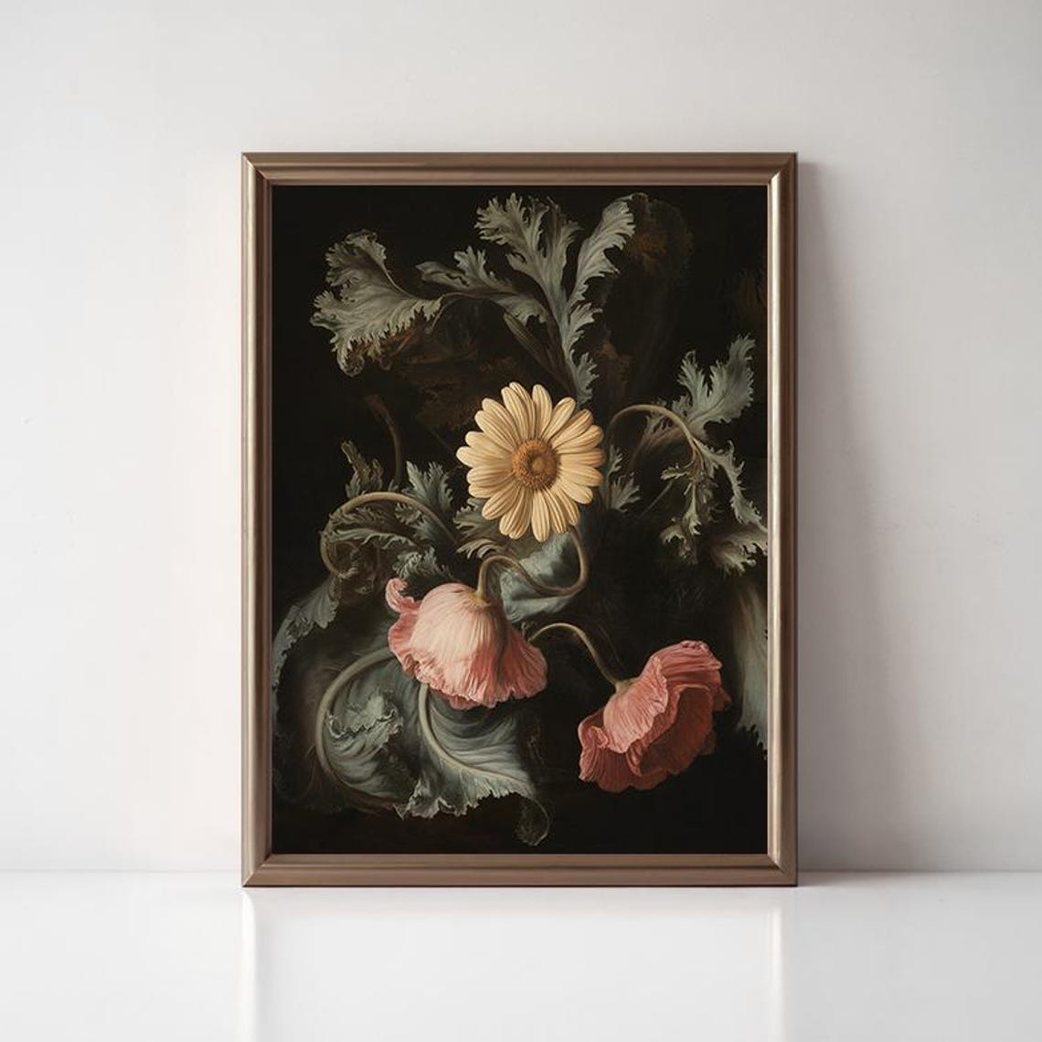 Cream Daisy Pink Poppies Dark Botanical Moody Floral Art Poster