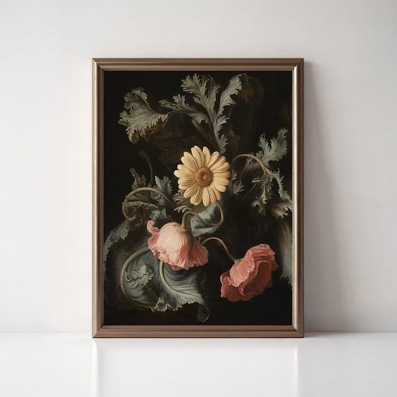 Moody Daisy And Poppy Floral Print Vintage Dark Floral Wall Art Victorian Botanical Decor Farmhouse Wall Art Dark Academia Aesthetic