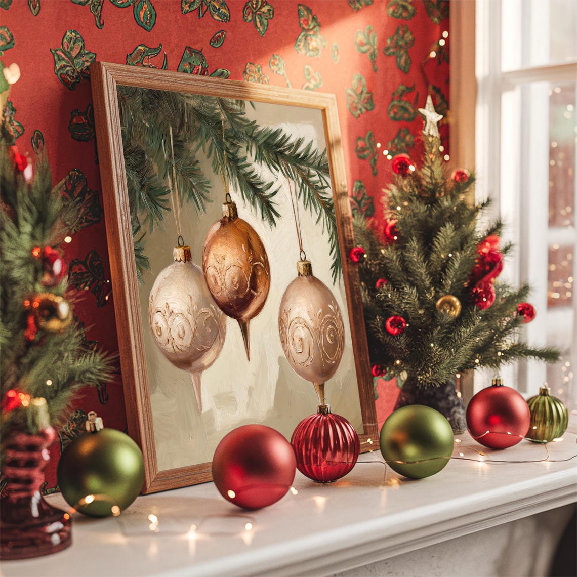 Vintage Rose Gold Christmas Ornaments Pine Branch Painting Poster - Image 3