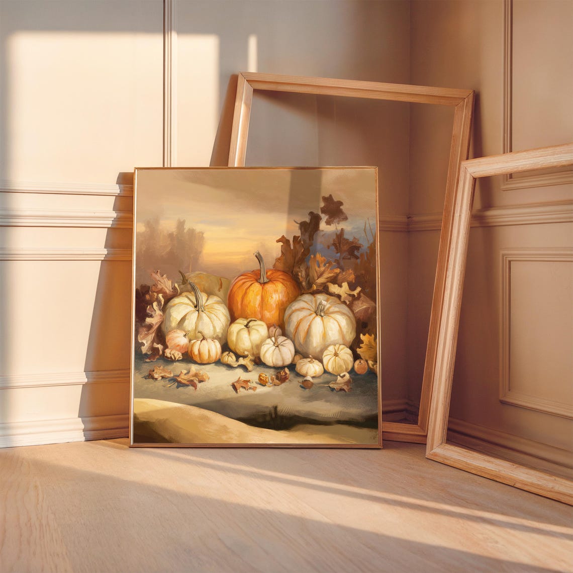 Vintage Fall Harvest Pumpkins Autumn Leaves Sunset Still Life Poster - Image 2