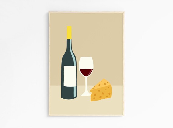 Wine And Cheese Kitchen Art Print, Minimalist Food