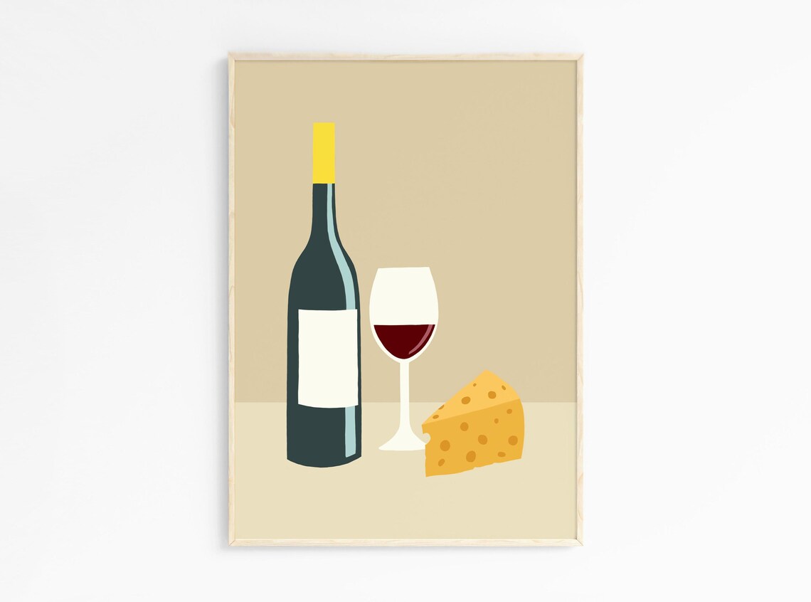 Wine And Cheese Kitchen Art Print, Minimalist Food
