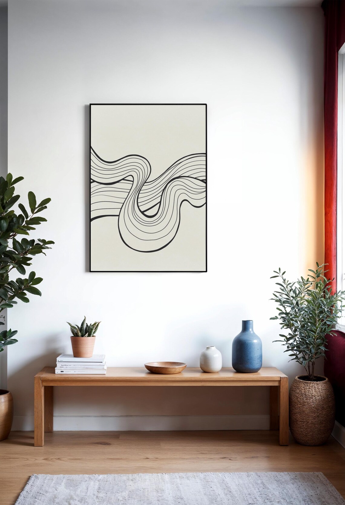 Minimalist Black Line Ribbon Flow Abstract Cream Wall Art Print - Image 4