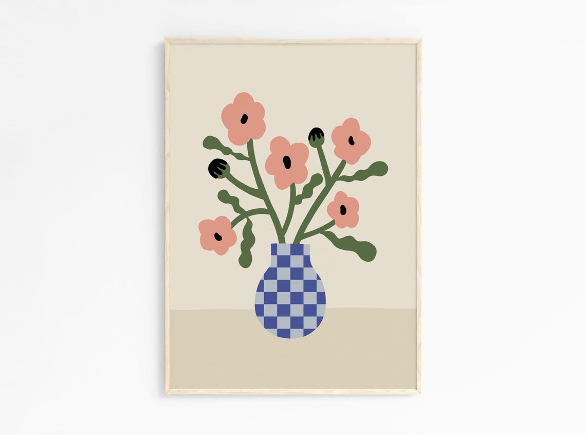 Pink Poppies in Blue Checkered Vase Floral Illustration Poster - Image 3