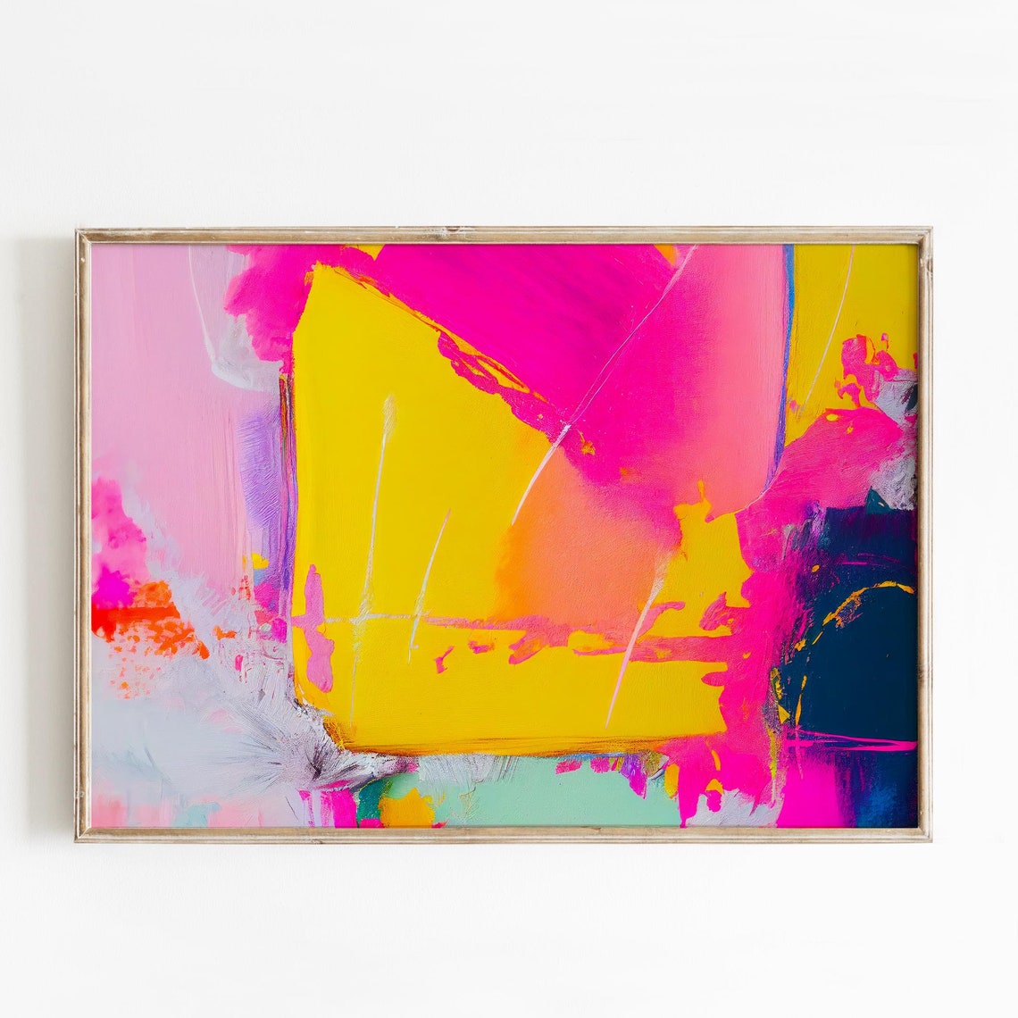 Golden Yellow Fuchsia Navy Arch Dramatic Abstract Painting Poster
