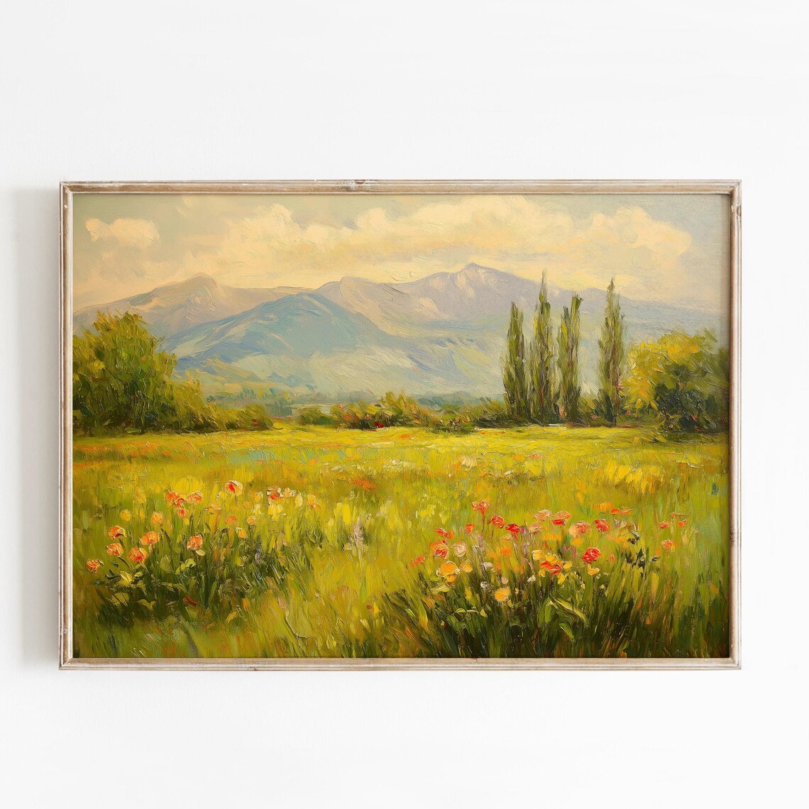 Sunlit Wildflower Meadow Mountain Impressionist Landscape Poster