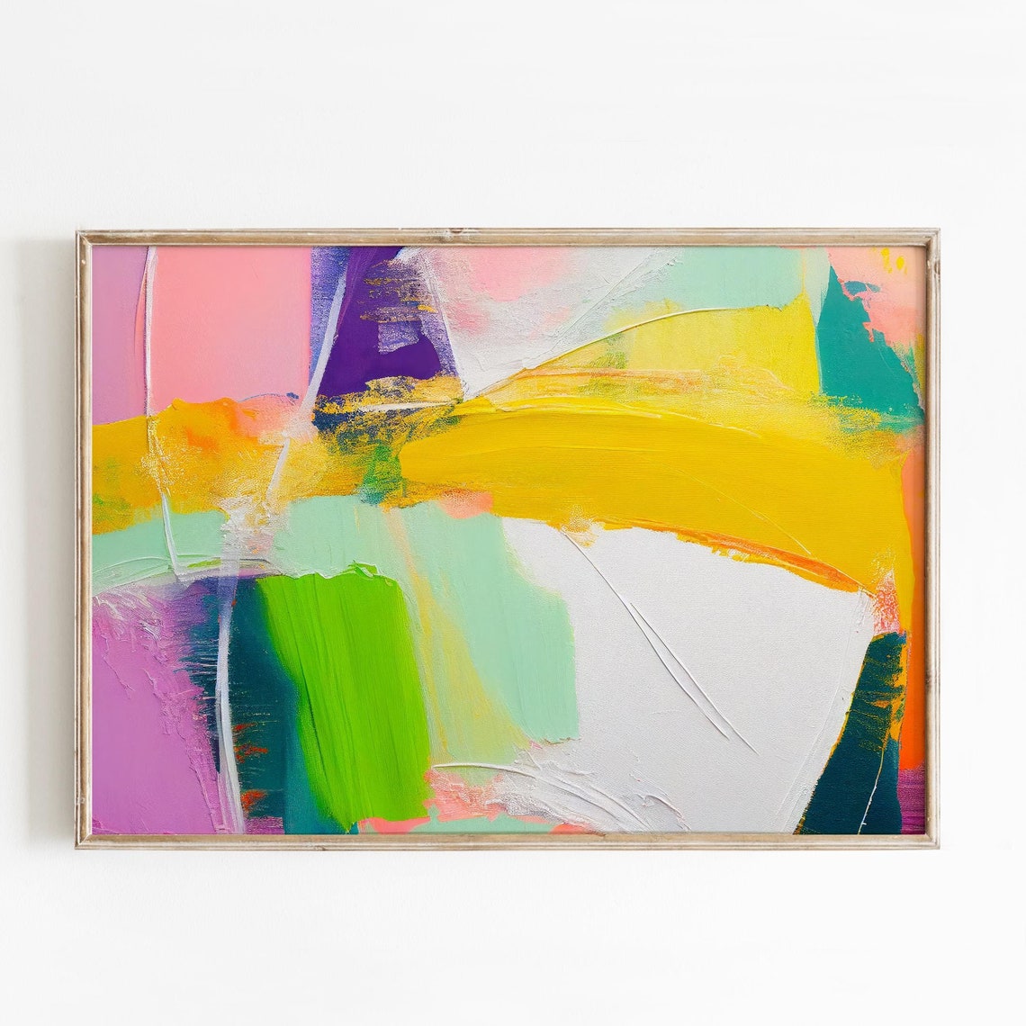 Golden Yellow Pink Lime Brushstroke Fresh Abstract Painting Poster