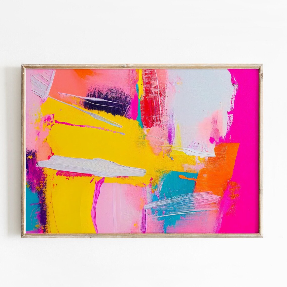 Golden Yellow Coral Pink Teal Expressive Abstract Painting Poster
