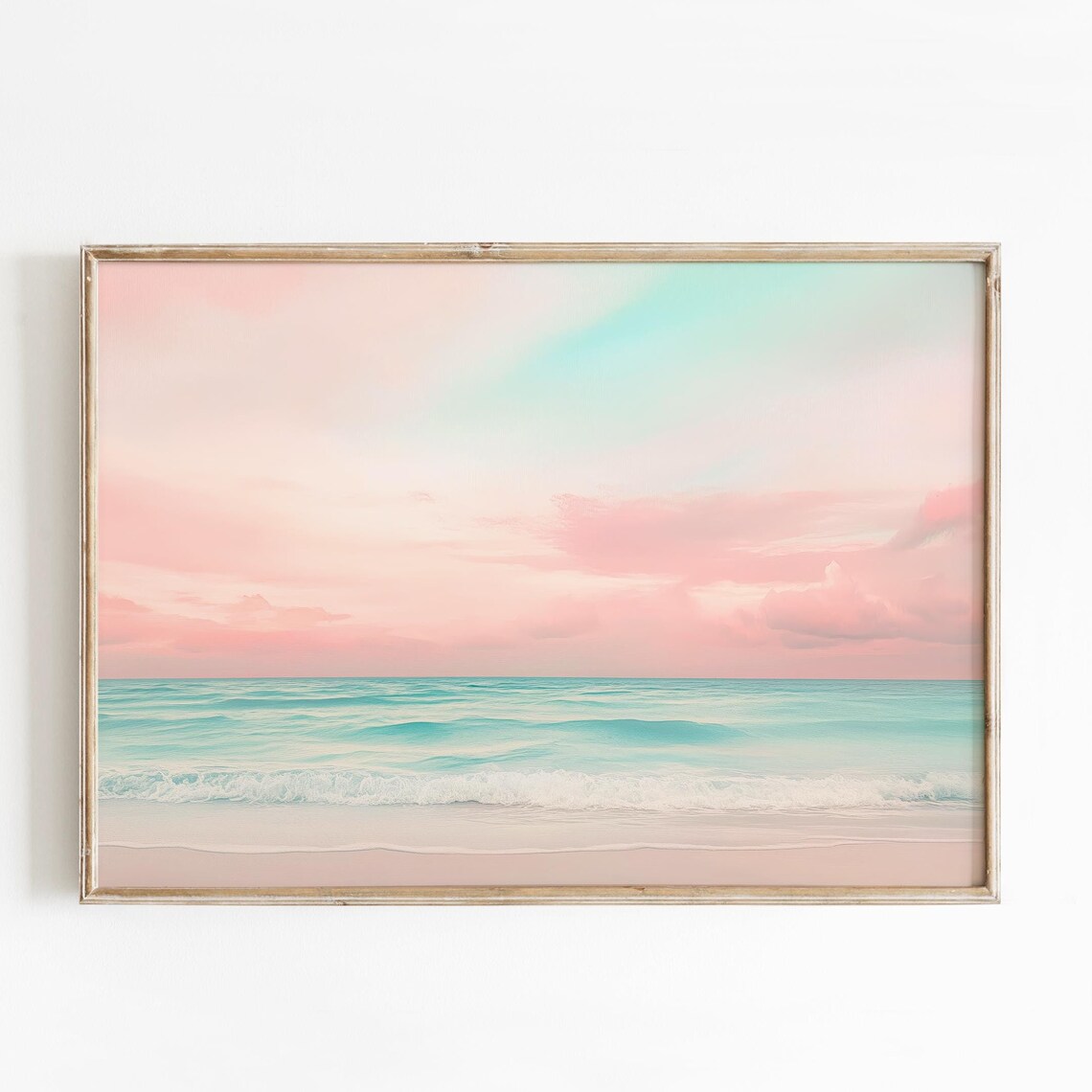 Blush Pink Sky Turquoise Ocean Calm Beach Seascape Art Poster