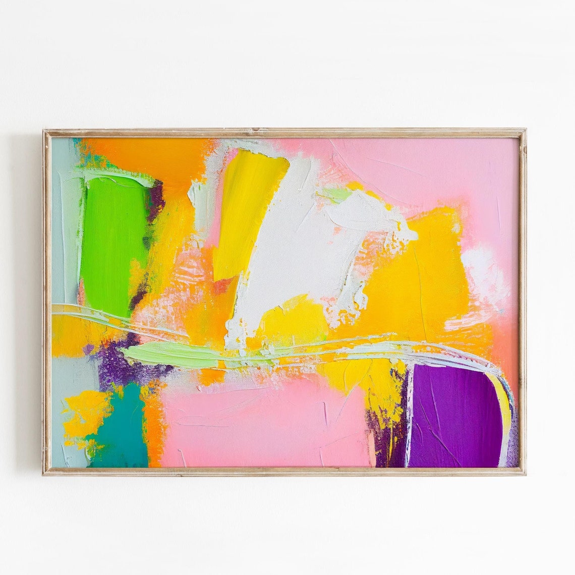 Lime Green Coral Yellow Brushstroke Vibrant Abstract Painting Poster