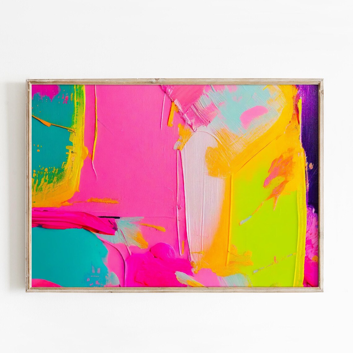 Hot Pink Teal Lime Electric Brushstroke Abstract Painting Poster
