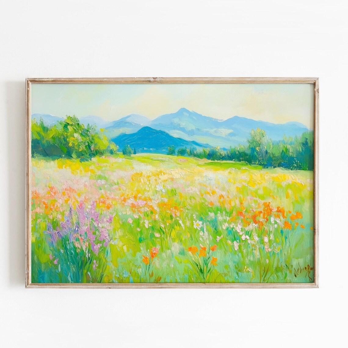 Wildflower Meadow with Blue Mountains Sunny Landscape Art Poster