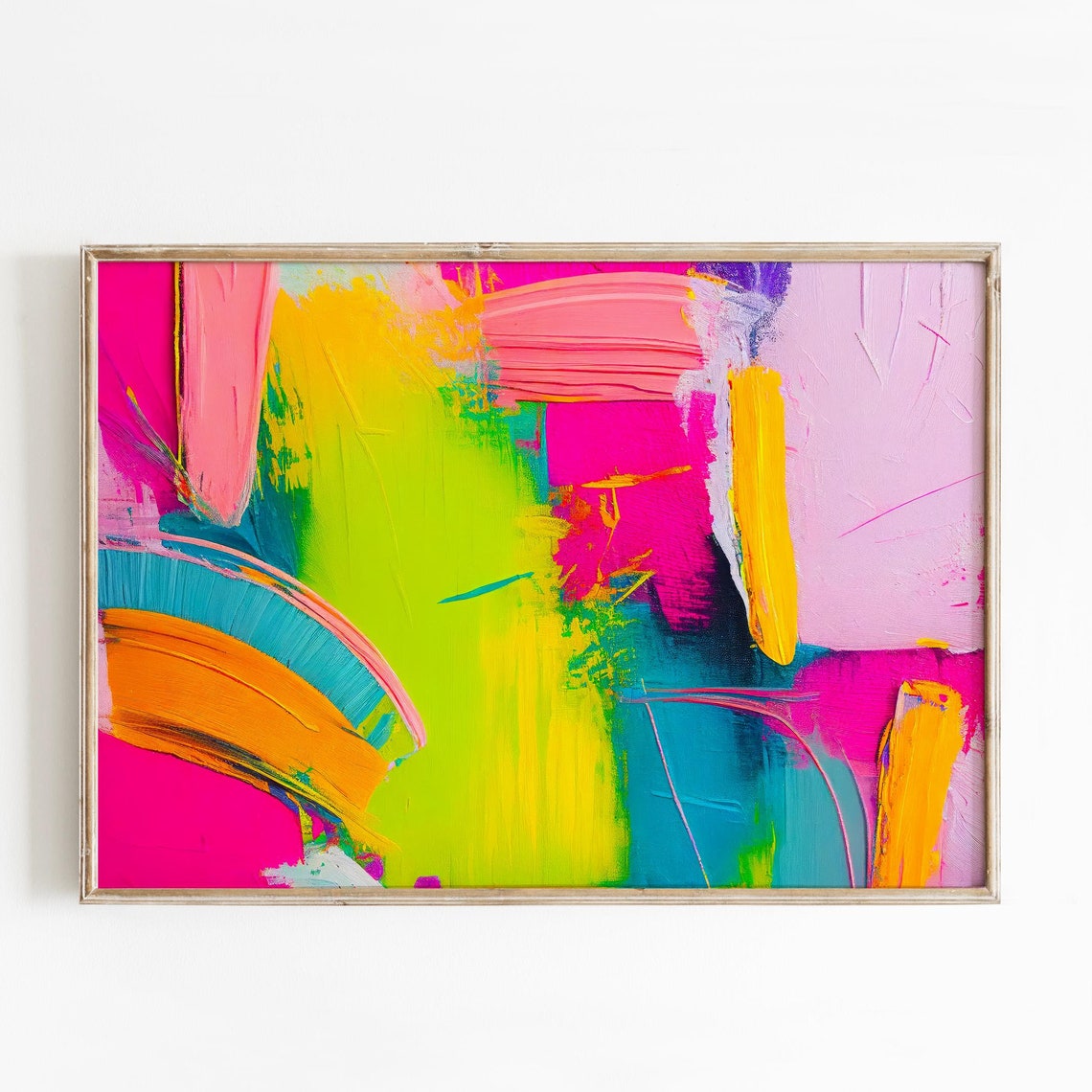 Neon Pink Lime Orange Curved Brushstroke Abstract Expressionism Poster