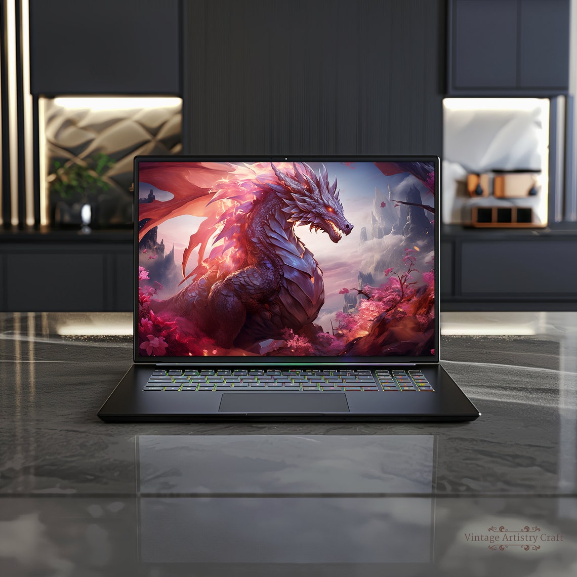 Majestic Fire Dragon Cherry Blossom Fantasy Digital Wallpaper Wall Art - Image 3