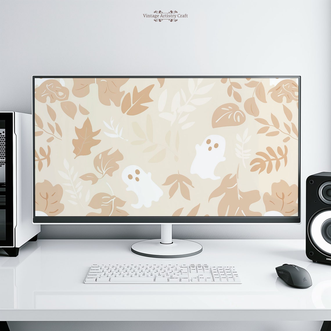 Cute Ghost Neutral Beige Aesthetic Halloween Desktop Wallpaper 4k Pc Mac Laptop Macbook Minimalist Background Instant Uhd - Image 6