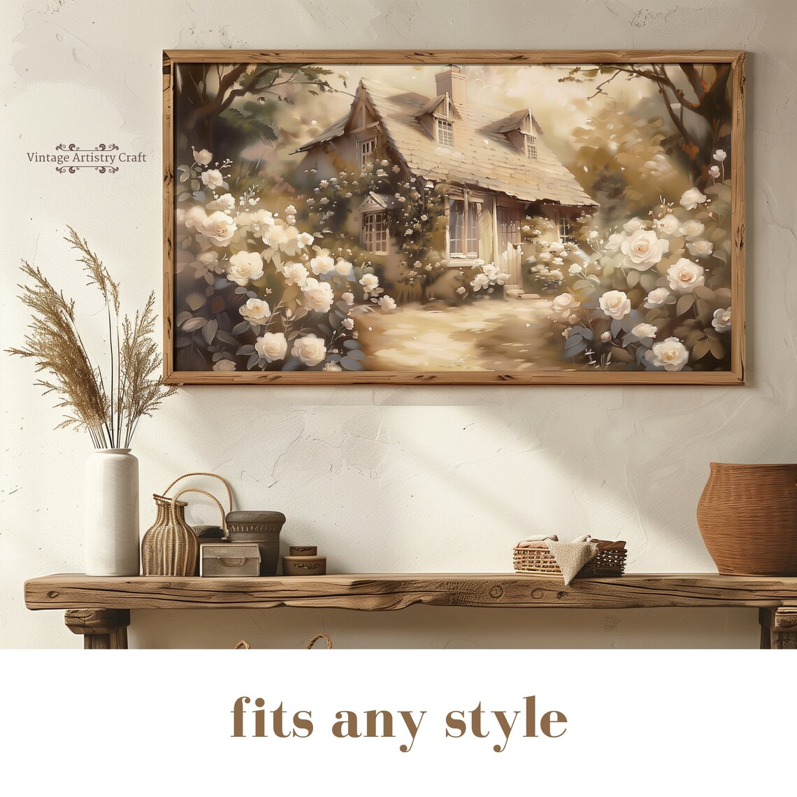 Storybook Cottage Covered in White Roses Vintage Garden Painting Poster - Image 5