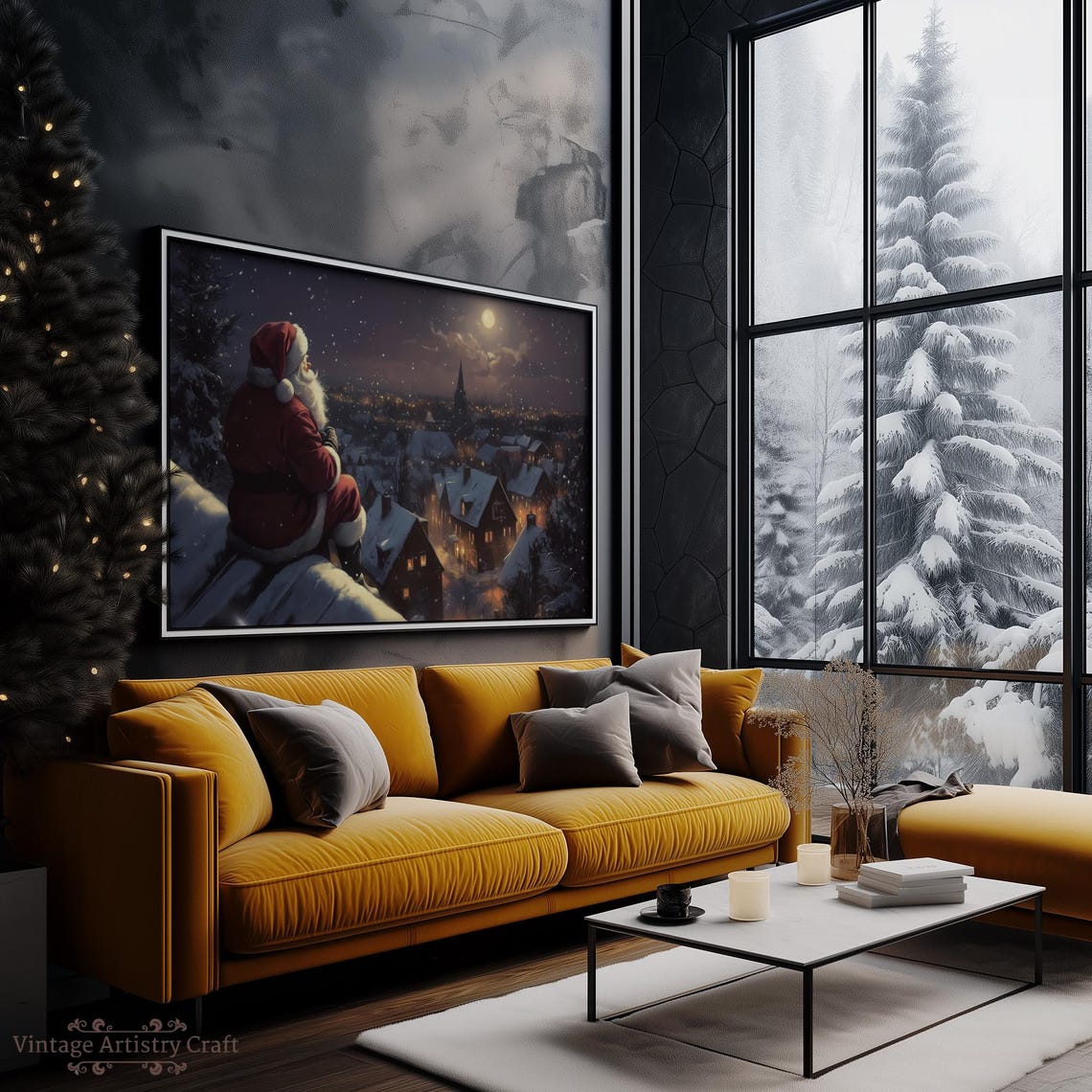Santa Claus Rooftop Moonlit Snowy Town Christmas Night Poster - Image 2