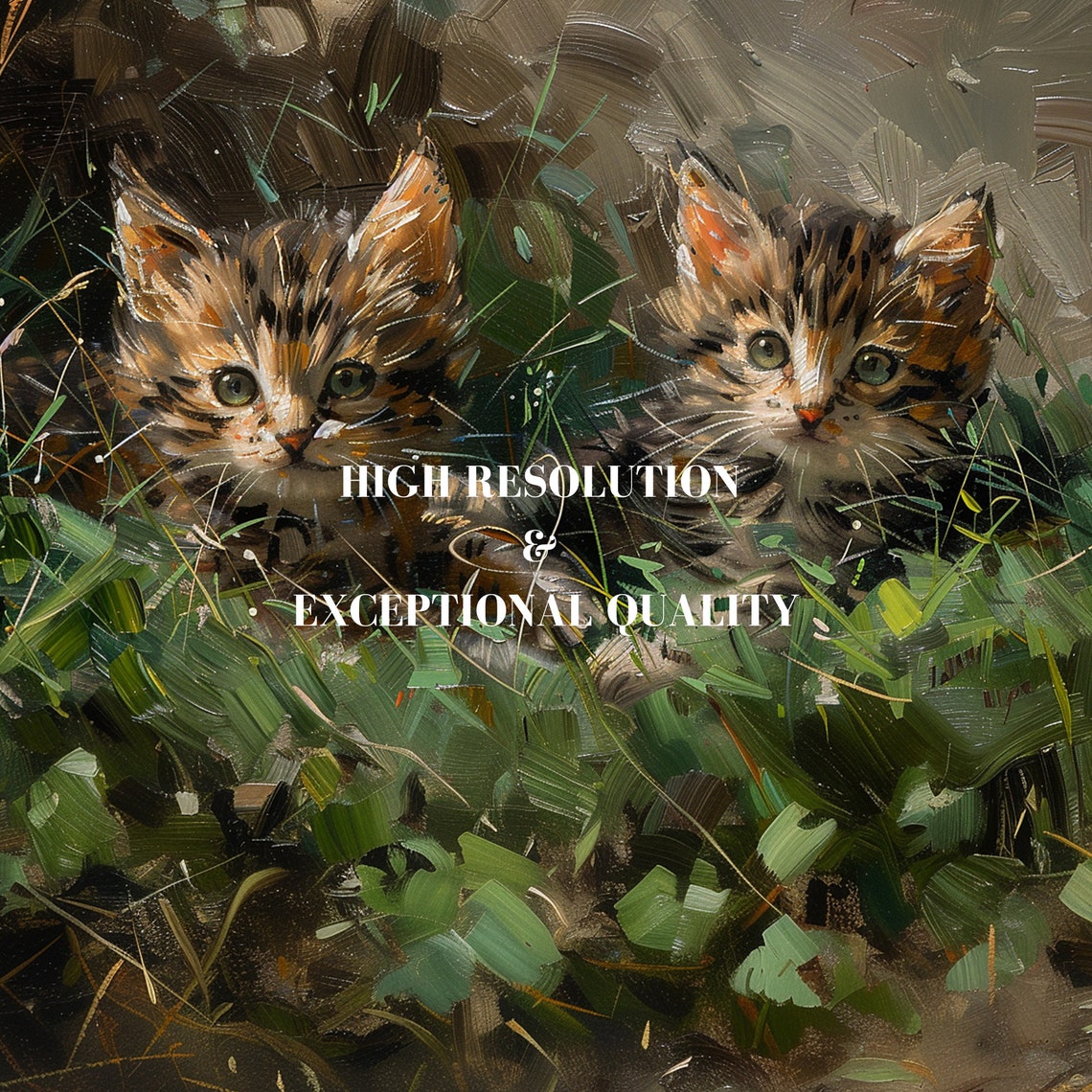 Two Tabby Kittens Peeking Through Grass Vintage Oil Painting Poster - Image 8
