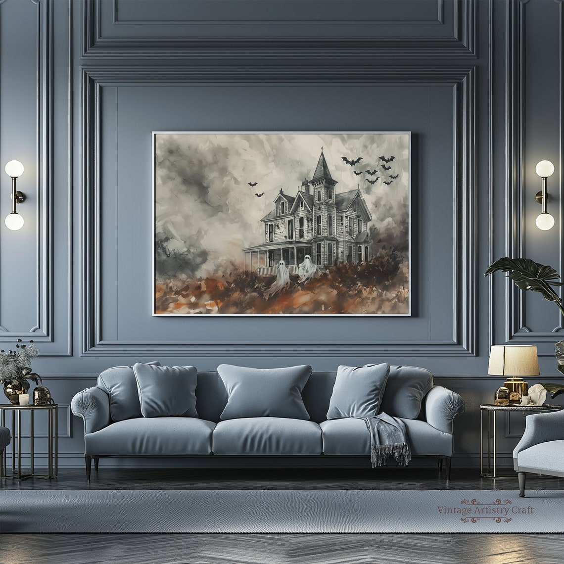 Haunted House With Ghosts Bats Watercolor Halloween Art Poster - Image 6