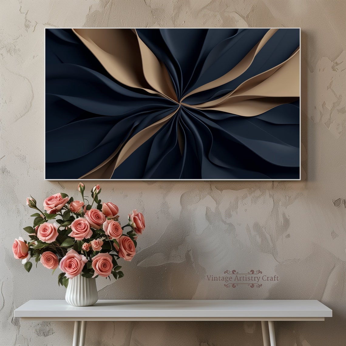 Navy Blue Tan Folded Fabric Abstract Modern Minimalist Poster - Image 4