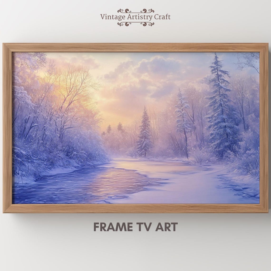 Pastel Purple Winter River Sunrise Snowy Pines Landscape Poster