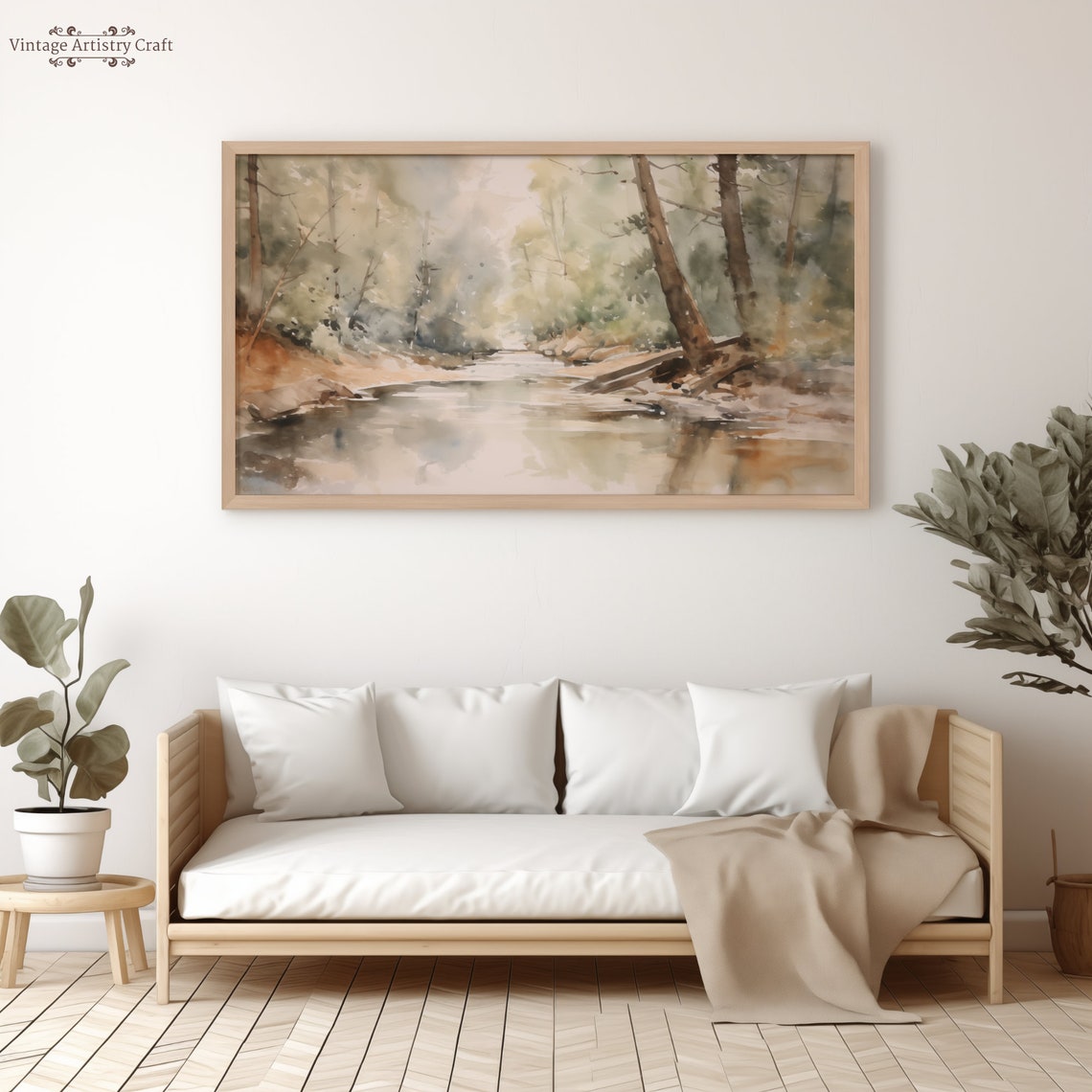Misty Forest River Soft Watercolor Woodland Stream Nature Poster - Image 4