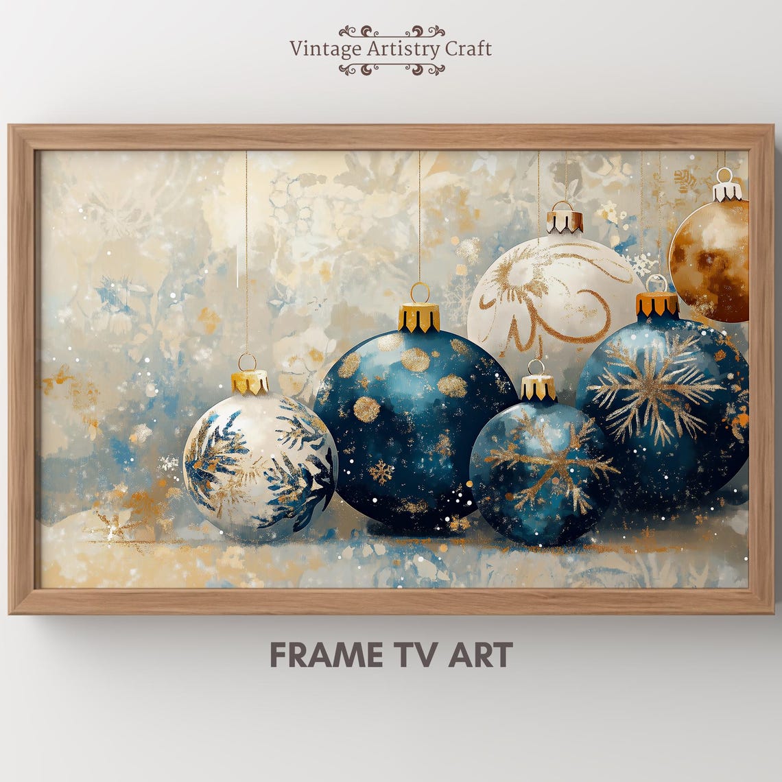 Blue Gold Christmas Ornaments Holiday Baubles Watercolor Poster