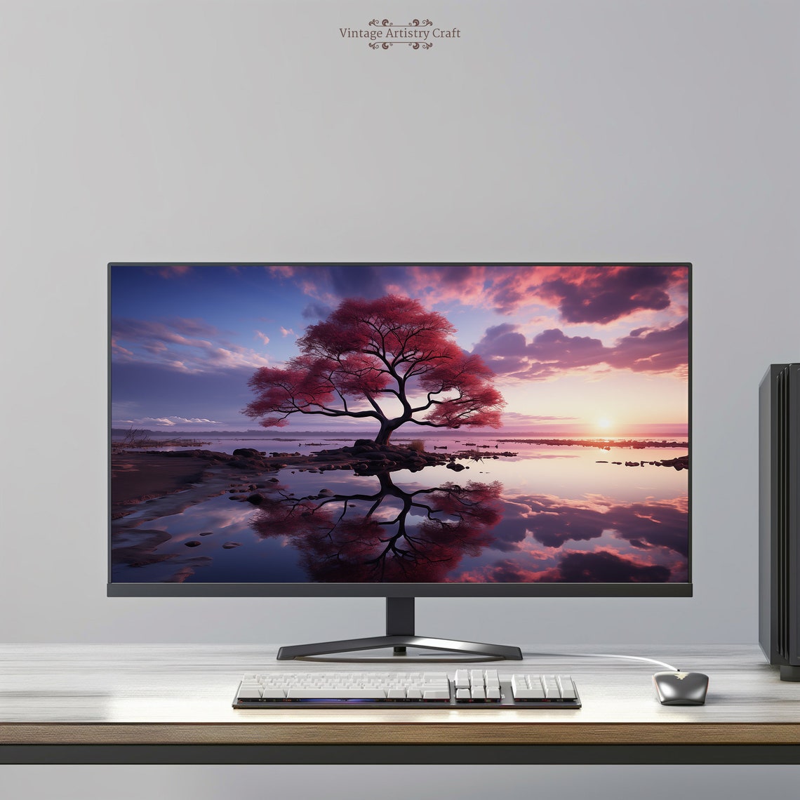 Pink Blossom Tree Sunset Lake Reflection Desktop Wallpaper Poster