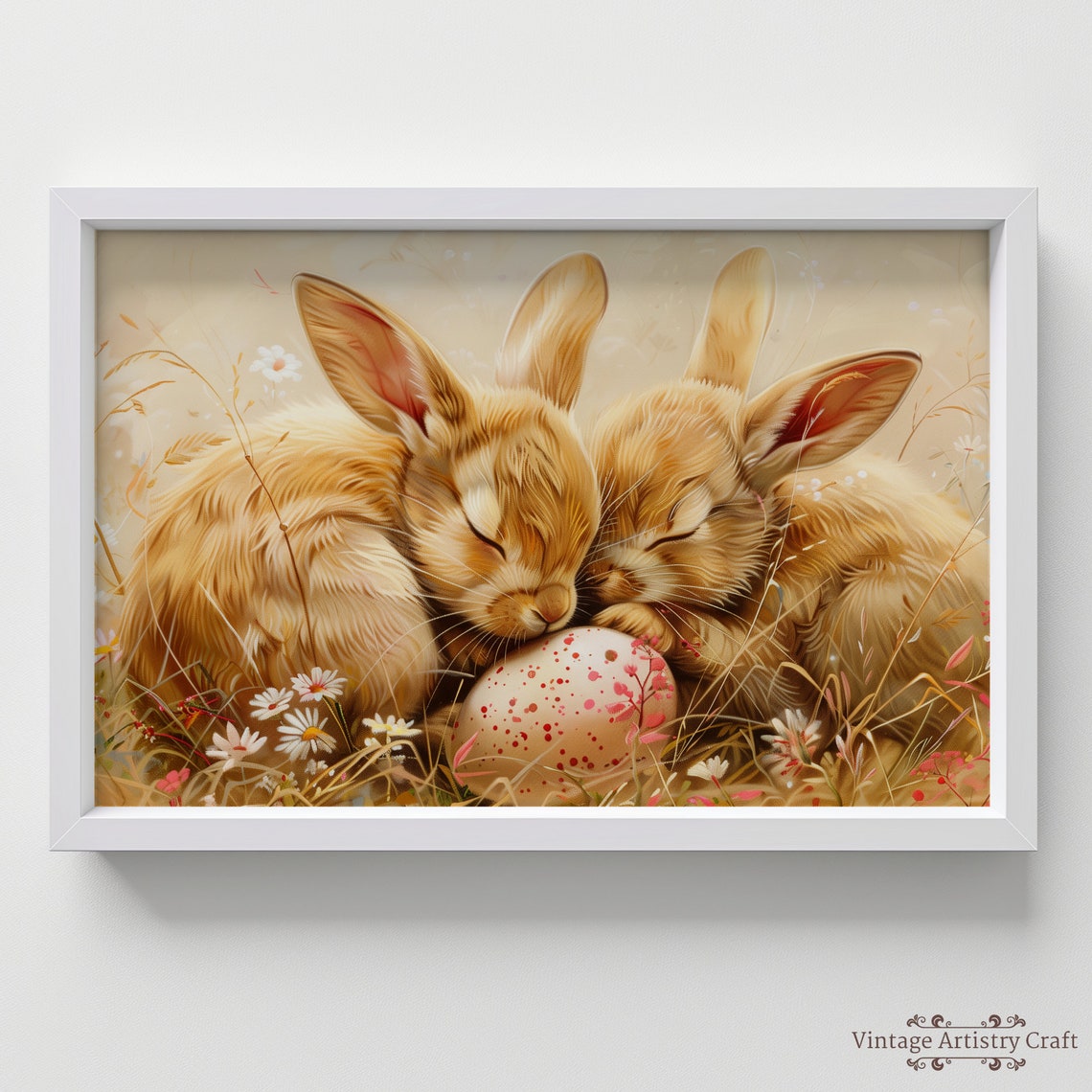 Two Sleeping Bunny Rabbits With Painted Egg Soft Pastel Poster - Image 3