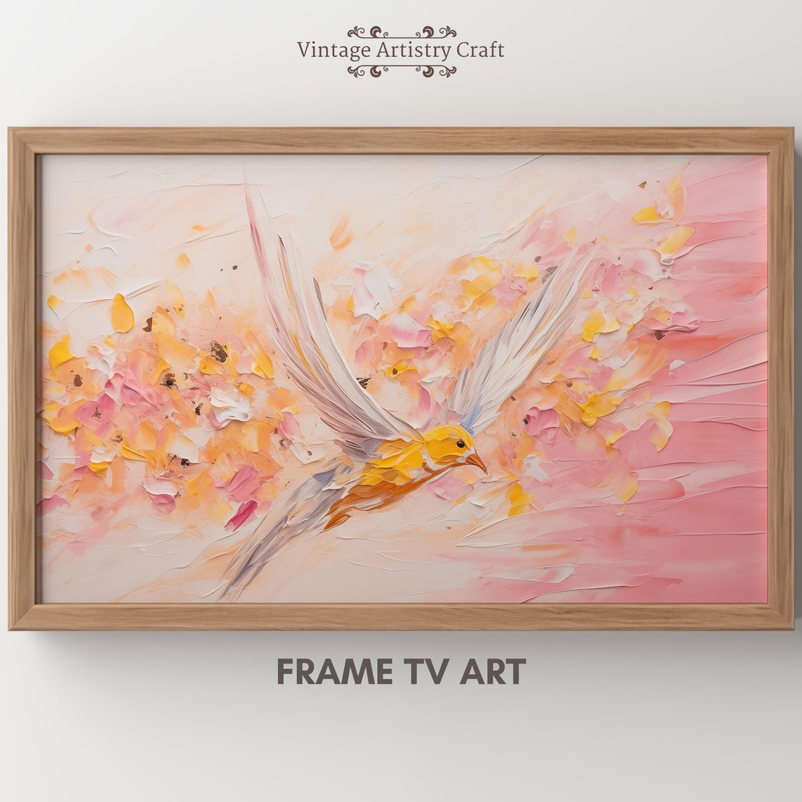 Golden Bird in Flight Pink Blossom Abstract Impasto Art Poster - Image 7
