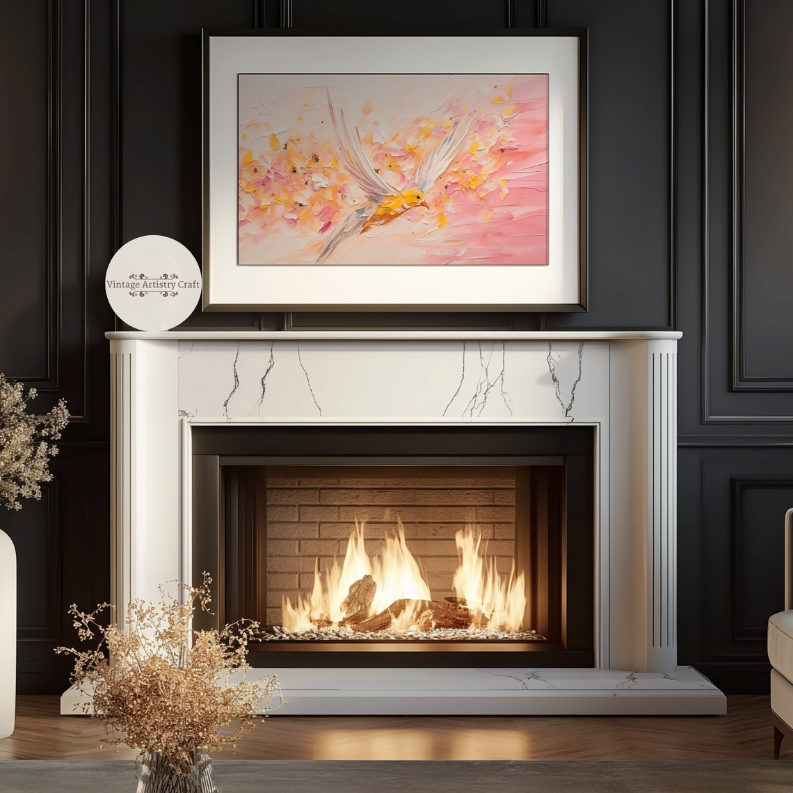 Golden Bird in Flight Pink Blossom Abstract Impasto Art Poster - Image 3