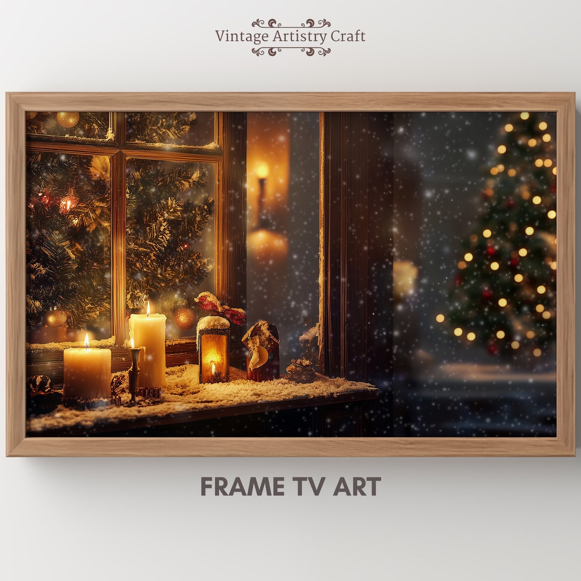 Snowy Christmas Window with Candles Cozy Winter Holiday Art Poster