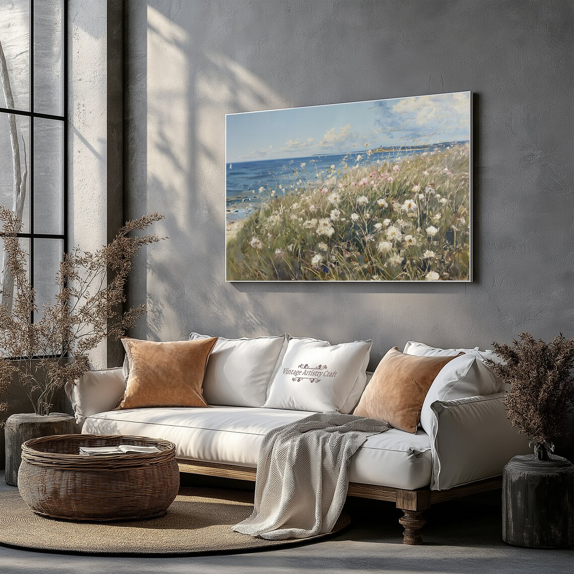 Summer Coastal Wildflower Meadow Ocean Sailboat Vintage Painting Poster - Image 6