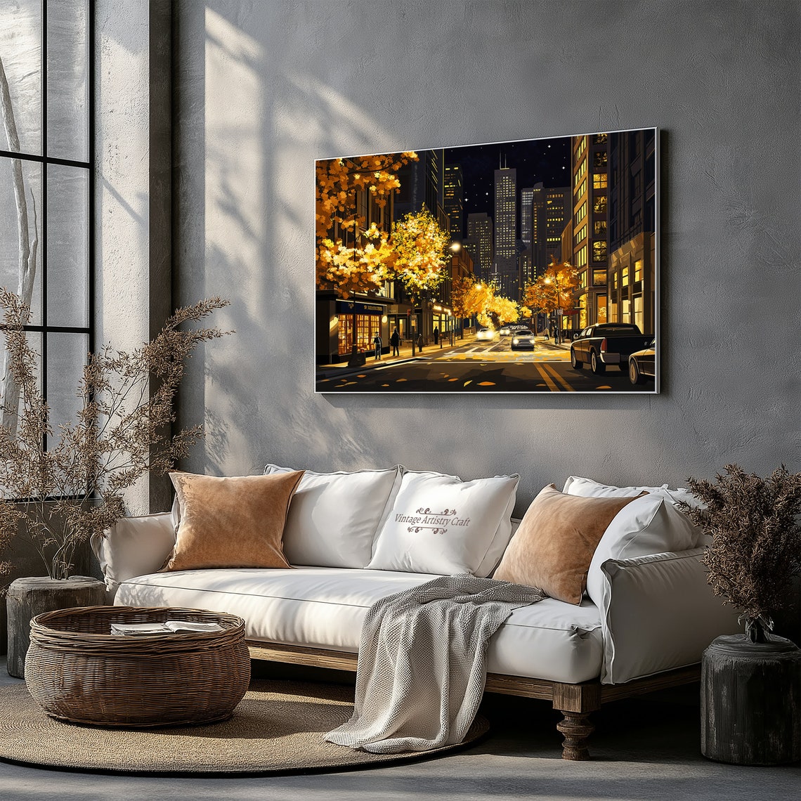 City Night Street Golden Autumn Trees Lit Skyscraper Painting Poster - Image 3