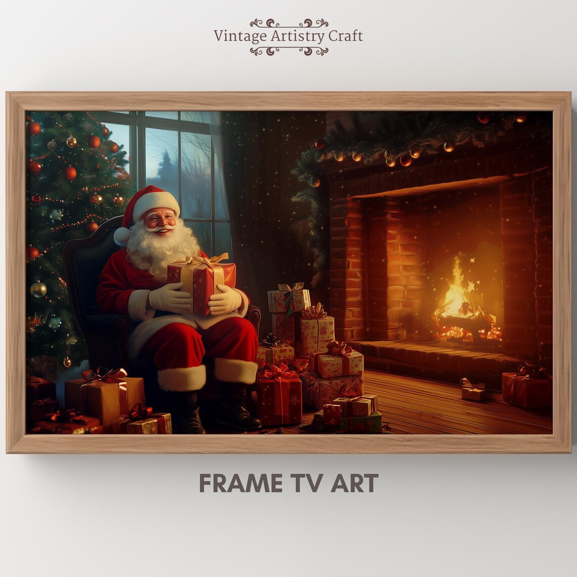 Winter Frame Tv Art Warm Cozy Christmas Fireplace Santa Gifts Moody Farmhouse Tv Decor Vintage Painting 4k Instant