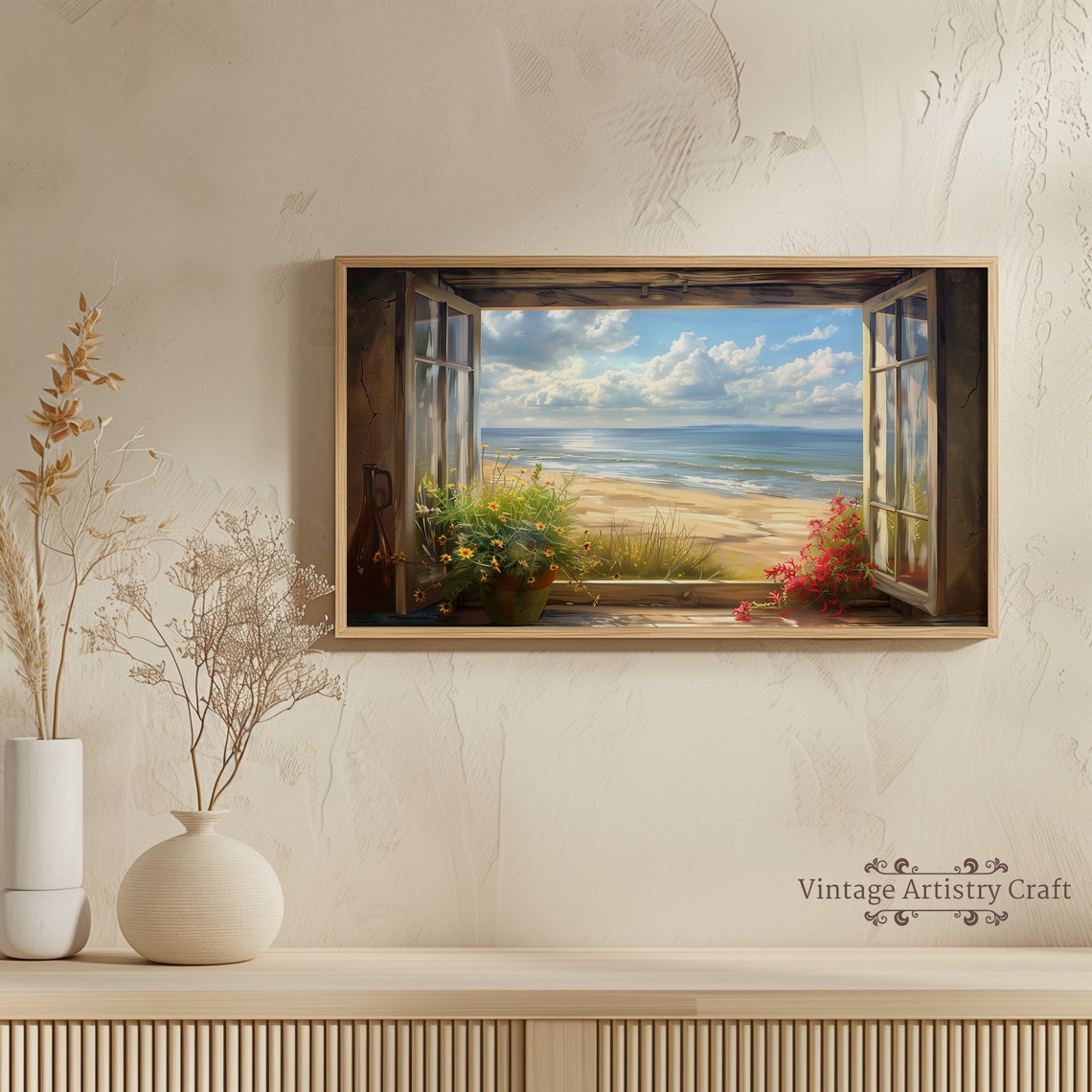 Open Window To Sunny Beach Flower Pots Bright Coastal Poster - Image 5