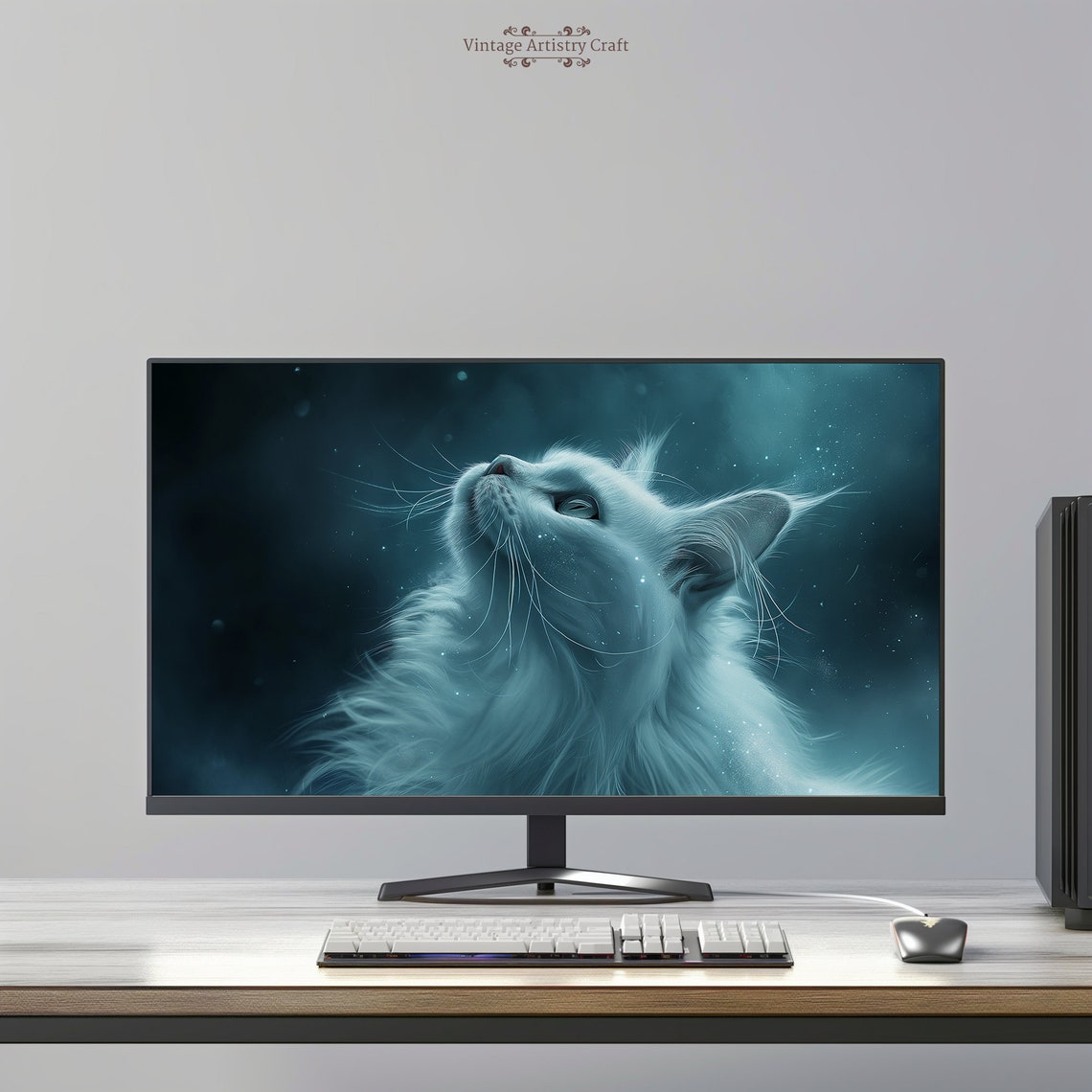 White Cosmic Cat In Starry Nebula Fantasy Desktop Art Poster - Image 5